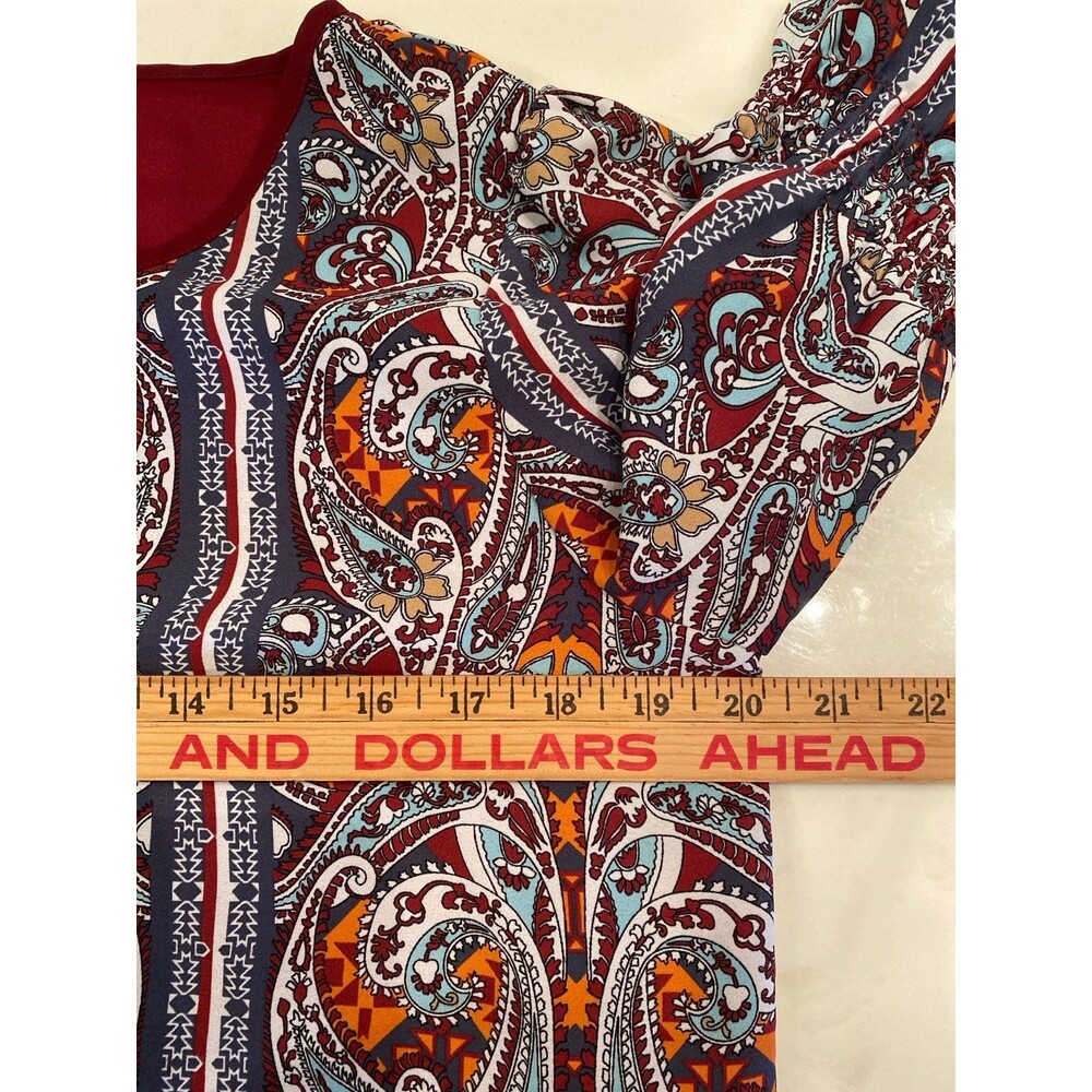 My Michelle Boho Paisley Dress Size Large Bell Sleeve Tunic Burgundy Hippie ‘70 - Picture 12 of 12